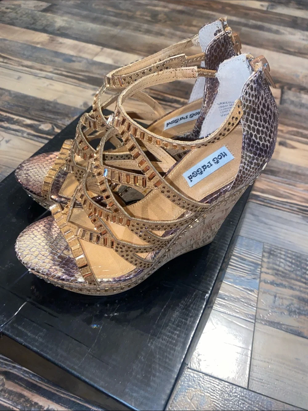 Not Rated Metallic Gold and Taupe Snake-Print Wedge Sandals